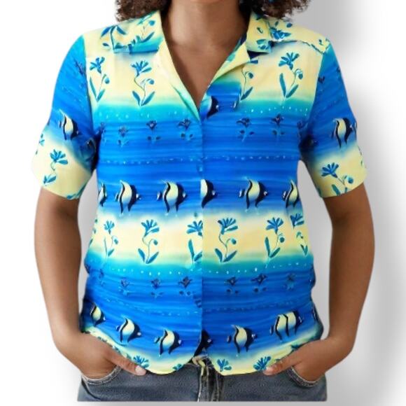 Vintage 90s Tropical Fish Print Shirt Blue Yellow Crinkle Button Front Top 14 - Picture 1 of 10